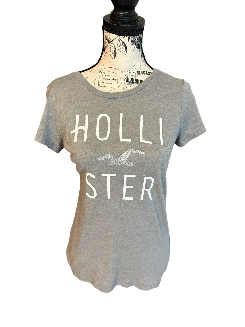 Hollister Gray Graphic Tee Sparkly Silver Seagull White Brand Logo Size M